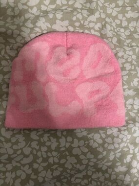Pink Graphic Knit Beanie Hat